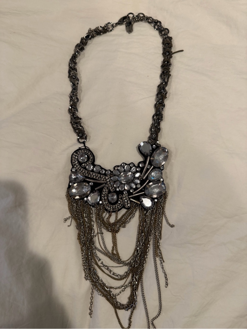 Y2K Catherine Malandrino Gunmetal and Clear Crystal Fringe Necklace with leather